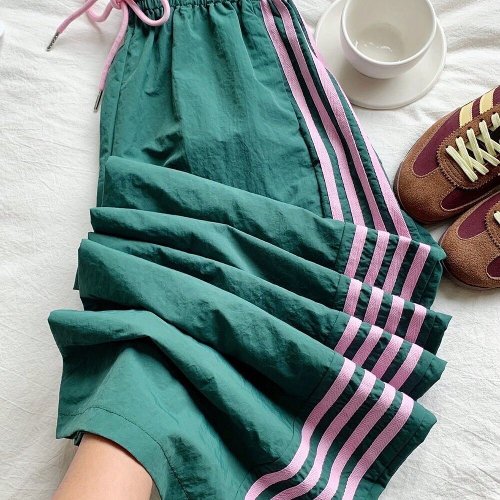 Green Casual Women's Contrast Color Drawstring Waist Side Striped Print Pants